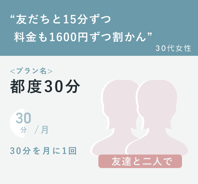 “友だちと15分ずつ 料金も1600円ずつ割かん” 30代女性 プラン名：都度30分